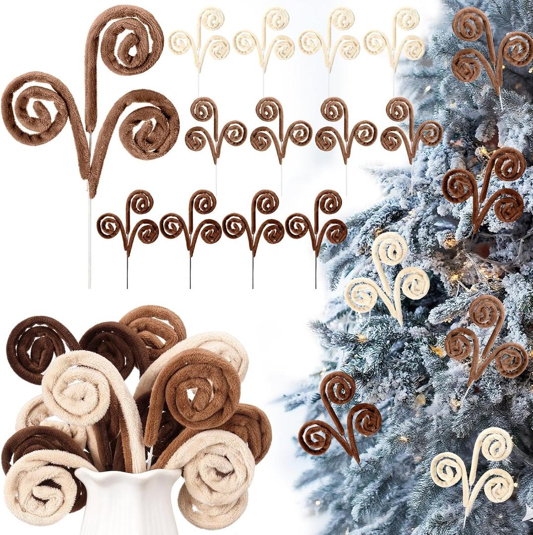 12 Pcs Curly Christmas Tree Picks Velvet Curl Decoration Spiral Curly Tree Topper Ornaments DIY Crafts for Wreath Fireplaces Vase Filler Holiday Ornament, 12 Inch(Milky White, Khaki, Brown)