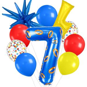 40-inch Red, Blue and Yellow Number large Balloons with Exploding Stars and Lightning, Cartoon Hedgehog Birthday Decorations, Video Game Themed Balloons for Boys Birthday Party (Number 7)