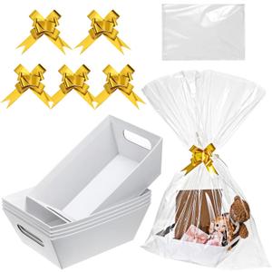 5 Pcs Baskets for Gifts Empty to Fill, White Empty Gift Basket Kit with Bags, Pull Bows Sturdy Cardboard Basket with Handles for Gifts, Wedding, Party, Christmas, Thanksgiving, Birthday