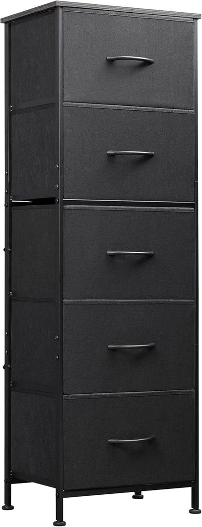 WLIVE Fabric Dresser, 5-Drawer Tall Dresser for Bedroom, Storage Organizer with Fabric Bins, Wood Top, Sturdy Steel Frame, Chest of Drawers for Closet, Hallway, Charcoal Black