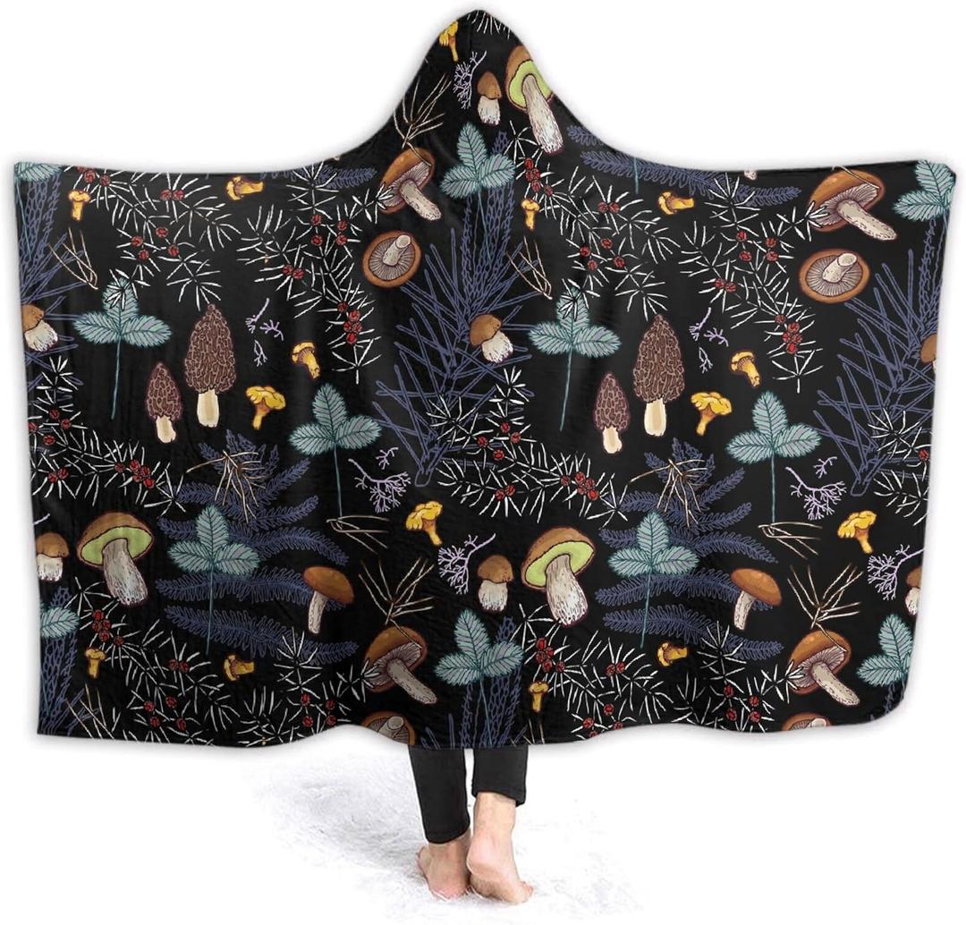 Mushroom Hooded Blanket Mushrooms Gifts for Women Soft Fleece Flannel Dark Wild Forest Mushrooms Throw Wearable Blanket All Season Plant Blankets for Bed Decorative 50"x40" for Kid