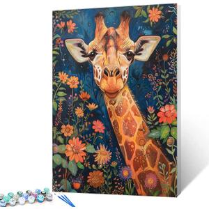 Tucocoo Giraffe Portrait DIY Paint by Numbers Kits with Brushes and Acrylic Pigment on Canvas Painting for Adults, Abstract Wildflowers and Animal Pictures for Home Decor Gifts 16''x20'' (DIY Framed)