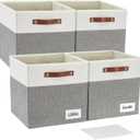 13x15x13 Storage Cube Bins, Foldable Storage Organizer Baskets, Fabric Cube Storage Boxes with 2 Reinforced PU Handles for Kallax, Shelves, Living Room | 4 Pack, Gray & White