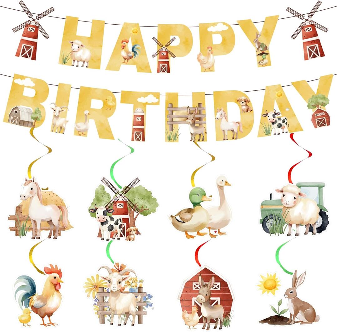 Farm Birthday Decorations Animal Banner - 10 Pcs Barnyard Themed Banner Hanging Swirls Photo Prop Decor For Barn Party Home Favors Supplies