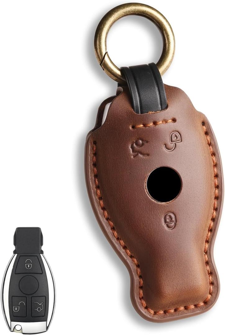 for Mercedes Key fob Cover. Compatible with Mercedes Benz C E R S M, GLA, GLE, GLS, GLK CLA, CLK, AMG 3 Button Smart Leather Car Key Protector Case Shell Chain Accessories/ Brown