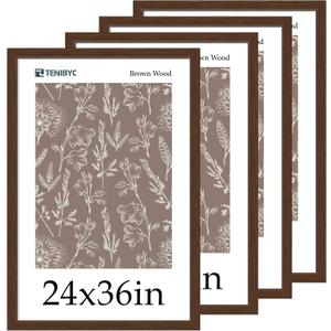 24x36 Poster Frame - 4 Pack, Brown Wood Picture Frame, Suitable for Photos, Puzzles, Paintings & Maps, Wall Hanging