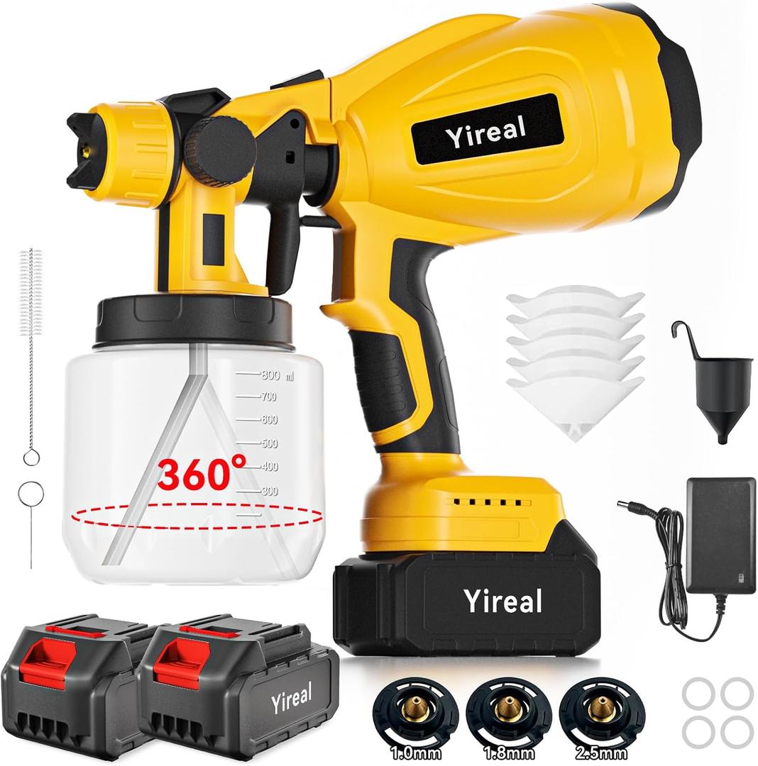 Cordless Paint Sprayer Gun with Battery 2 of 2000mAh 3 Copper Nozzles 2 of 800ML Containers HVLP Paint Sprayer for House Painting Furniture Cabinets Fence Wall Home and Outdoor (Yellow)