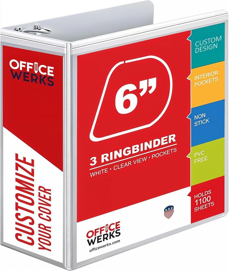 3 Ring Binders, 6 Inch D Ring Heavy Duty Large Binder with Pockets for 8.5" x 11" Sheet Size, Durable Non-Stick Customizable Clear View Cover (White)
