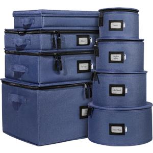 Hard Shell China Storage Containers 8-Piece Set Moving Boxes for Dinnerware, Glasses, Plates, Mugs and Saucers Sturdy Dish Organizer with Dividers for Seasonal Storage - Service for 12 - Denim Blue