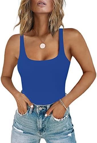 Chunpin Women's Square Neck Tank Bodysuit Sleeveless Tank Top Double Lined Body Suit Going Out Outfits Thong Bodysuits, Large