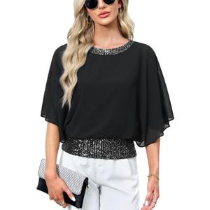 For G and PL Women's Dressy Sequin Formal Wedding Top Batwing Sleeve Chiffon Party Shirt (Black, XL)