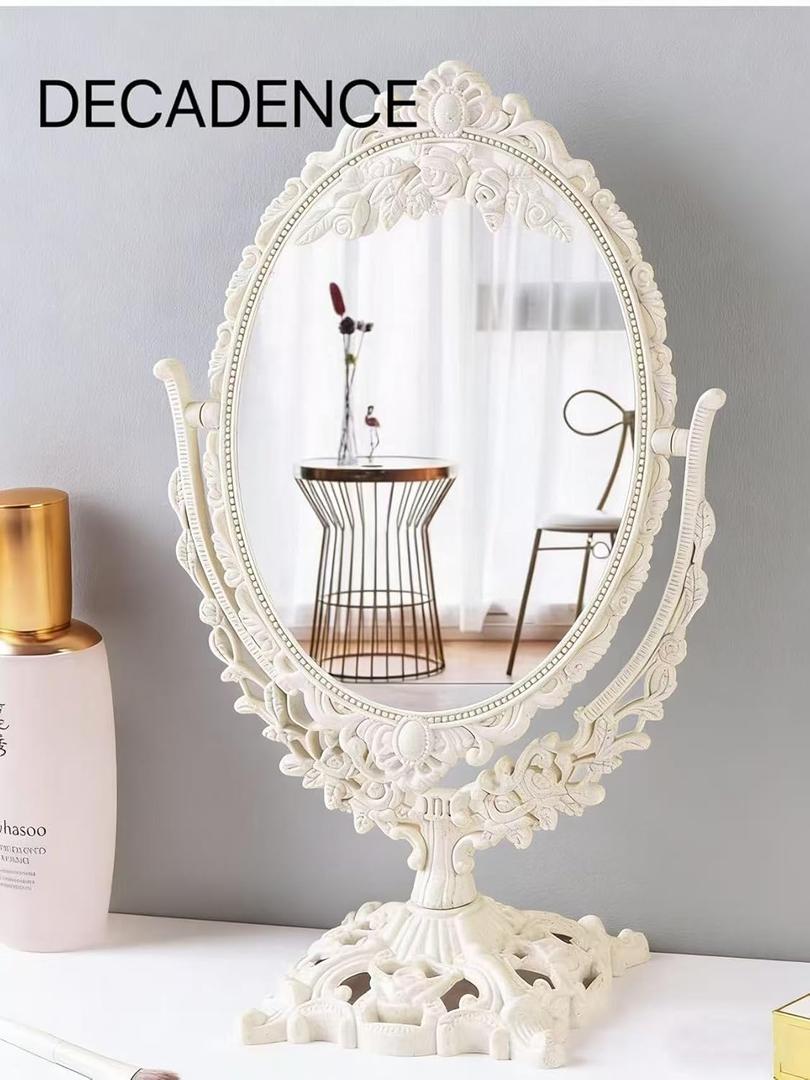 Vintage Carved Vanity Mirror - 360 Rotating Dual Sided 1x/2x Magnification, 12.6in6.1in Decorative Makeup Mirror for Dressing Table, Bedroom & Bathroom