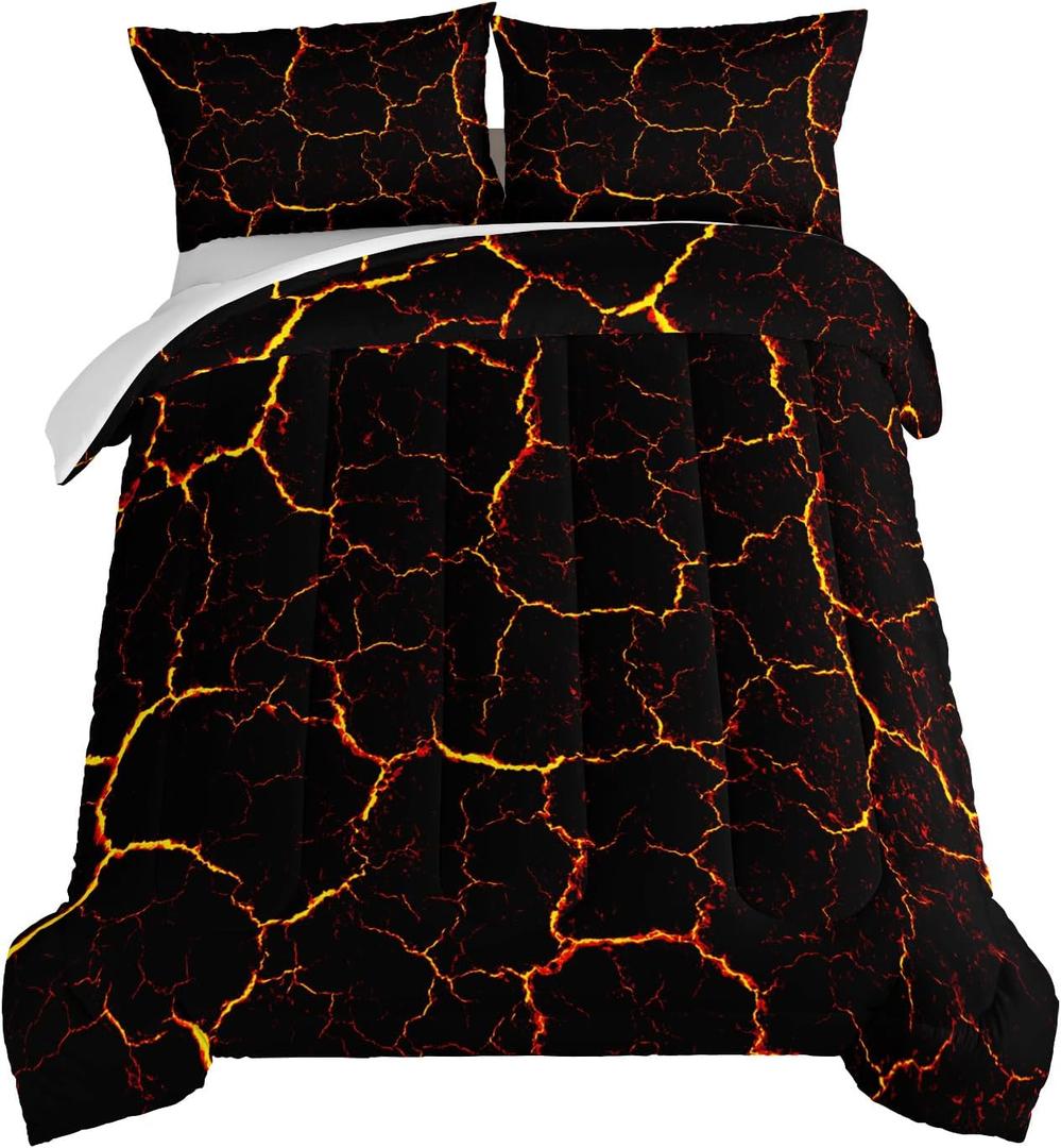 HOSIMA Black Marble Comforter Set Twin Size Bedding Sets for Boys,Orange Lava Texture Comforter Set for Kids Teens Girls Room Decor,Abstract Art Comforter Sets with 2 Pillowcases.