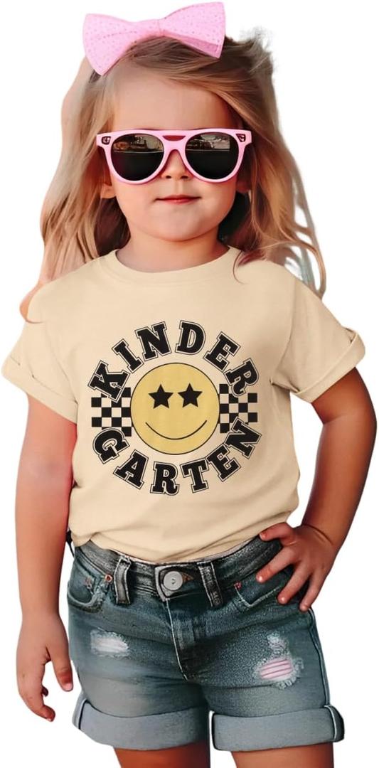 MODNTOGA Kid Girl Boy First Day of School Shirt Cute Face Kindergarten Graphic T-Shirt Short Sleeve Back to School Tee Tops (Beige, 4-5 Years)