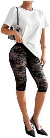 RoseSeek Women's Lace See Through Capri Pants Elastic High Waisted Skinny Leggings Cropped Trousers M