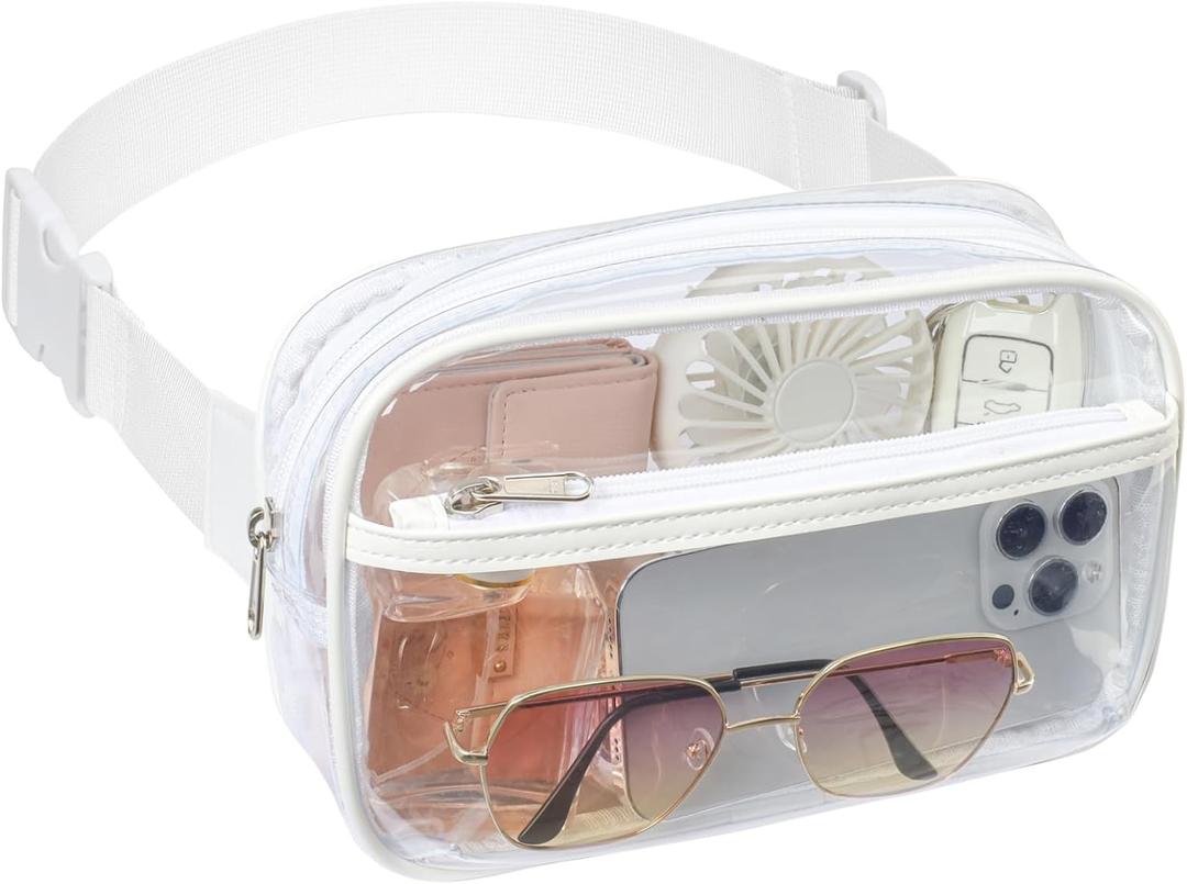 Packism Clear Fanny Pack Stadium Approved - Clear Belt Bag for Women Men Plus Size 35-51 inches Adjustable StrapTransparent Waist Bag for Concerts, Sporting Events - White