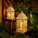 TRIROCKS Set of 2 Farmhouse Candle Lanterns 14.5"&9" H Rustic Metal Decorative Lanterns with Glass, Tabletop Candle Holders for Spring Garden Yard Patio Indoors Outdoors Decor(White with Black Brush)