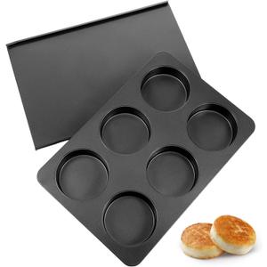 6 Cup Straight Side Jumbo English Muffin Cupcake Pan with Lid Hamburger Burger Bun Egg Sandwich Frittata Cinnamon Roll Focaccia Quiche Pancake Nonstick Baking Tin Tray