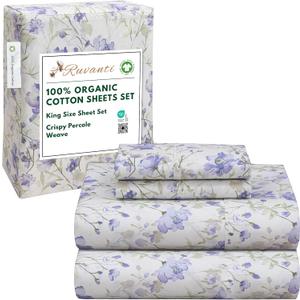 RUVANTI 100% Organic Cotton Sheets King Size, Percale Weave, GOTS Certified, 4-Piece Set, Deep Pocket 15", Crisp & Breathable, Soft Durable Bedding, Sbanas Algodn Orgnico  Heather