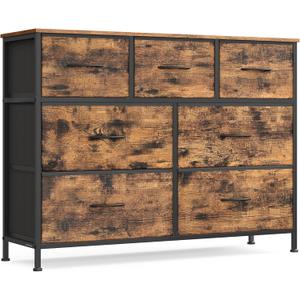 SONGMICS Dresser for Bedroom, Chest of Drawers, TV Stand, Steel, MDF, 7 Non-Woven Fabric Drawers, Storage Organizer Unit, Closet, Entryway, Rustic Brown and Ink Black ULGS323B02S