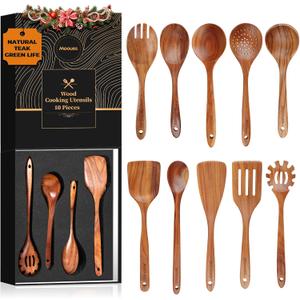 Wooden Spoons for Cooking, Wooden Utensils for Cooking Natural Teak Wooden Kitchen Utensils Set Comfort Grip(10 PCS SET GIFT BOX)