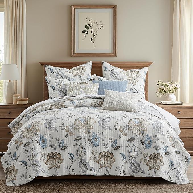 Levtex Home - Maileen Dusty Rose Quilt Set - Full/Queen Quilt and Two Standard Shams - Floral - Dusty Rose Ochre Blue Green Brown Off-White -Quilt (88x92in.) and Shams (20x26in.)- Reversible - Cotton