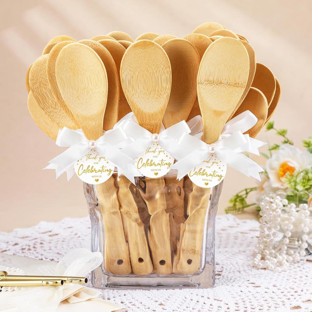 Jingmore 36 Set Bridal Shower Party Favors Bamboo Wooden Spoons with Bow and Tags Kitchen Utensils Wedding Favors Gift for Bridal Shower Prizes Guests Party Table Decoration(Gold Star,White Ribbon)