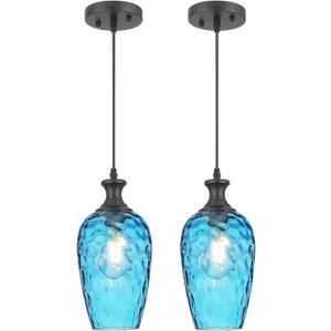 Pendant Lights Kitchen Island 2 Pack, Blue Glass Pendant Light Fixtures with Hammered Glass, Modern Hanging Light for Kitchen Sink Dining Room Bedroom