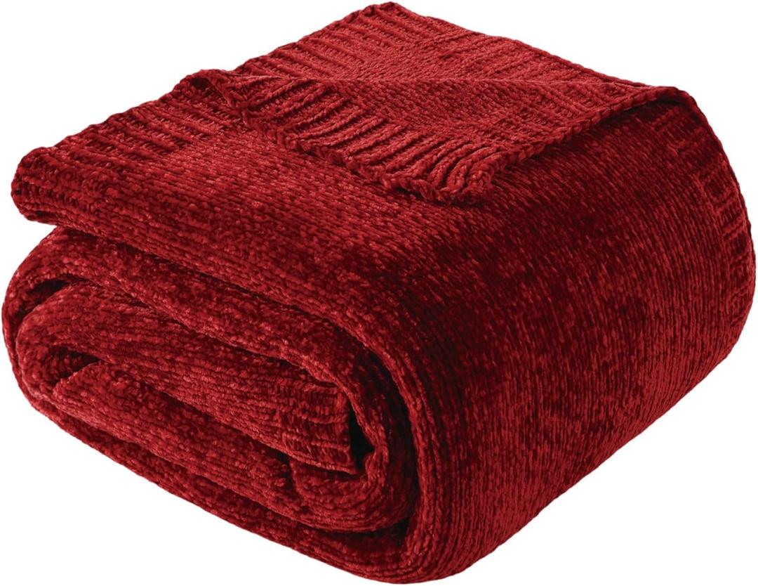BATTILO HOME Christmas Red Throw Blanket for Couch, Chenille Knit Blanket for Sofa, Chair, Christmas Decor, Super Soft Blanket, 51"x67" (Burgundy)