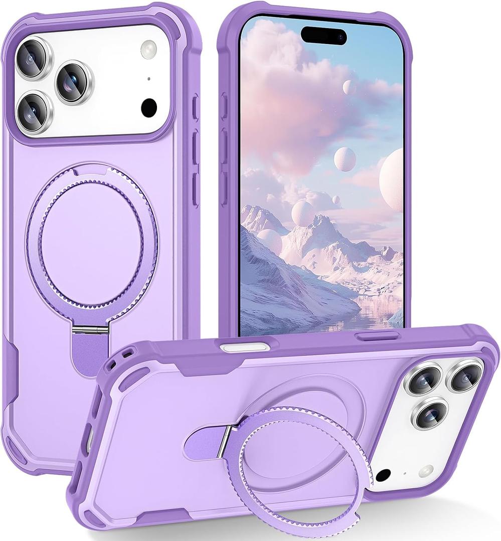 2 x Compatible with iPhone 17 Pro Case with Invisible Magnetic Kickstand [Compatible with MagSafe] [10-FT Military Drop Protection] Slim Hard Back Soft Edge Phone Cover 6.3 Inch, Purple