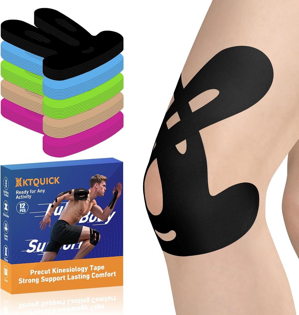 KTQUICK Precut Kinesiology Tape for Knees, 12 Ct,20% Stronger Adhesive,Black | Bunny Designed Knee Tape with Premium Cotton, Breathable, Waterproof, Latex-Free Athletic Tape for Running, Training & Hiking