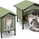 Outdoor Cat House with Cat Feeding Station, Elevated Waterproof and Insulated Feral Pet Shelter, with Clear Flap Door and Escape Exit, All Weather Outside House 18.5 x 16.3 x 12.9 Inch