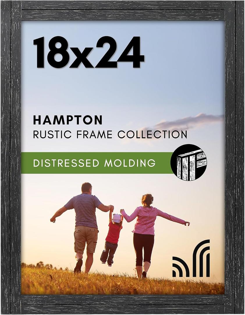 Americanflat 18x24 Poster Frame with Polished Plexiglass - Hampton Collection - Distressed Wood Picture Frames for Vertical or Horizontal Wall Display - Charcoal Black