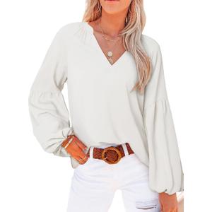SHEWIN Blouses for Women Dressy Casual Solid Lantern Long Sleeve Boho Tops Loose V Neck Spring Shirts Trendy Fall Clothes for Women 2025,US 16-18(XL), White