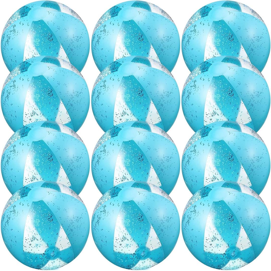 Chivao 12 Pieces Beach Ball 16 Inch Inflatable Glitter Beach Ball Swimming Pool Balls Christmas Inflatable Ball Ornaments Floatable Confetti Ball for Beach Party Xmas Party Favor(Blue)