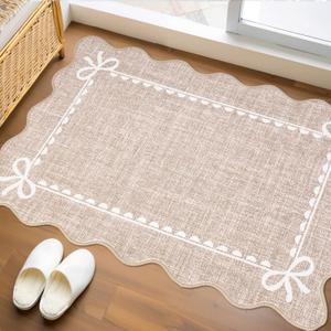 GarveeHome Scalloped Bow Rug for Kitchen Floor, Solid Camel Rug for Dorm, Washable Entryway Rugs 2x3 Soft Low Pile Non Slip Scalloped Rugs for Nursery Bedroom Decor Hallway