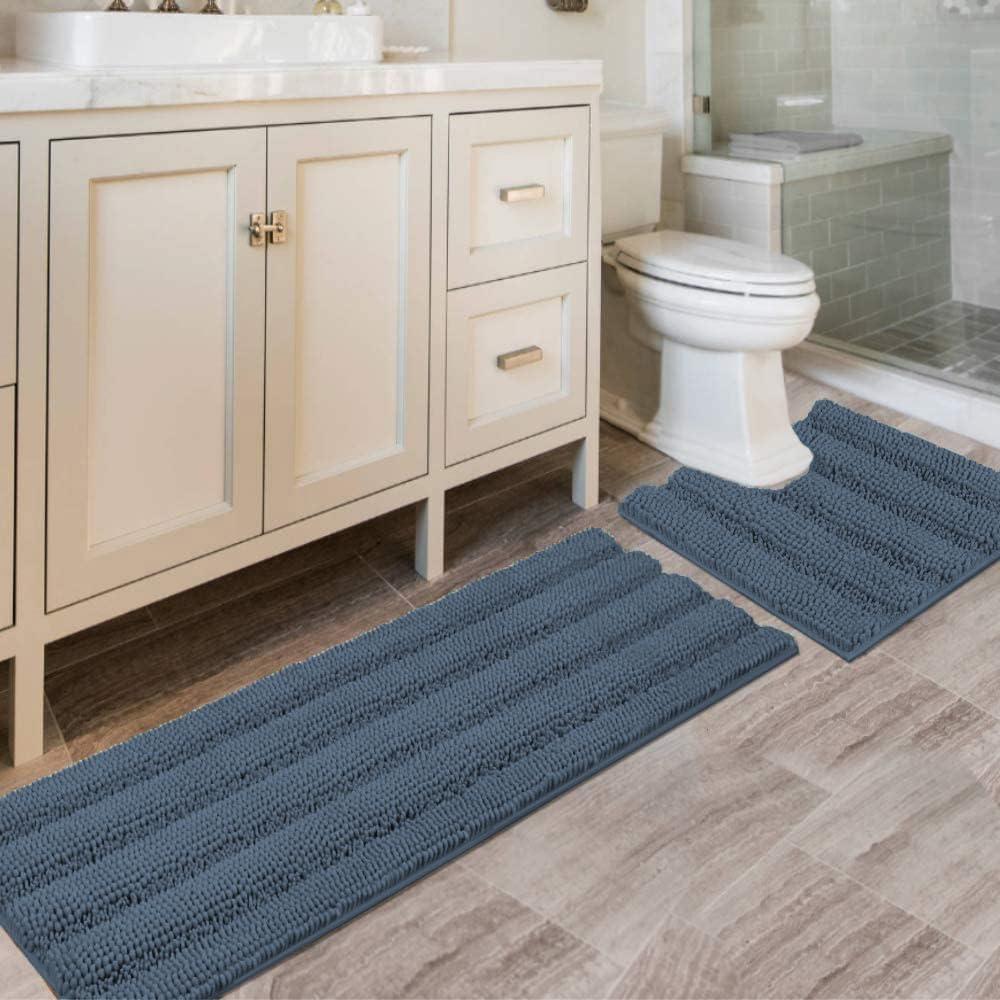H.VERSAILTEX Bathroom Rug Sets 2 Piece Bath Mats Non Slip Thick Soft Chenille Striped Bath Rug achine Washable Shower Floor Rugs for Tub, Shower and Floor (Blue Indigo, 47"x17" Plus 20"x20" U)