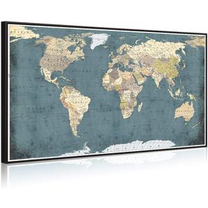 Welmeco Large Office Wall Decoration Retro Detailed World Map Canvas Prints with Premium Black Frame Vintage Push Pins Travel Map of The World Picture Artwork for Modern Home Office Living Room Decor