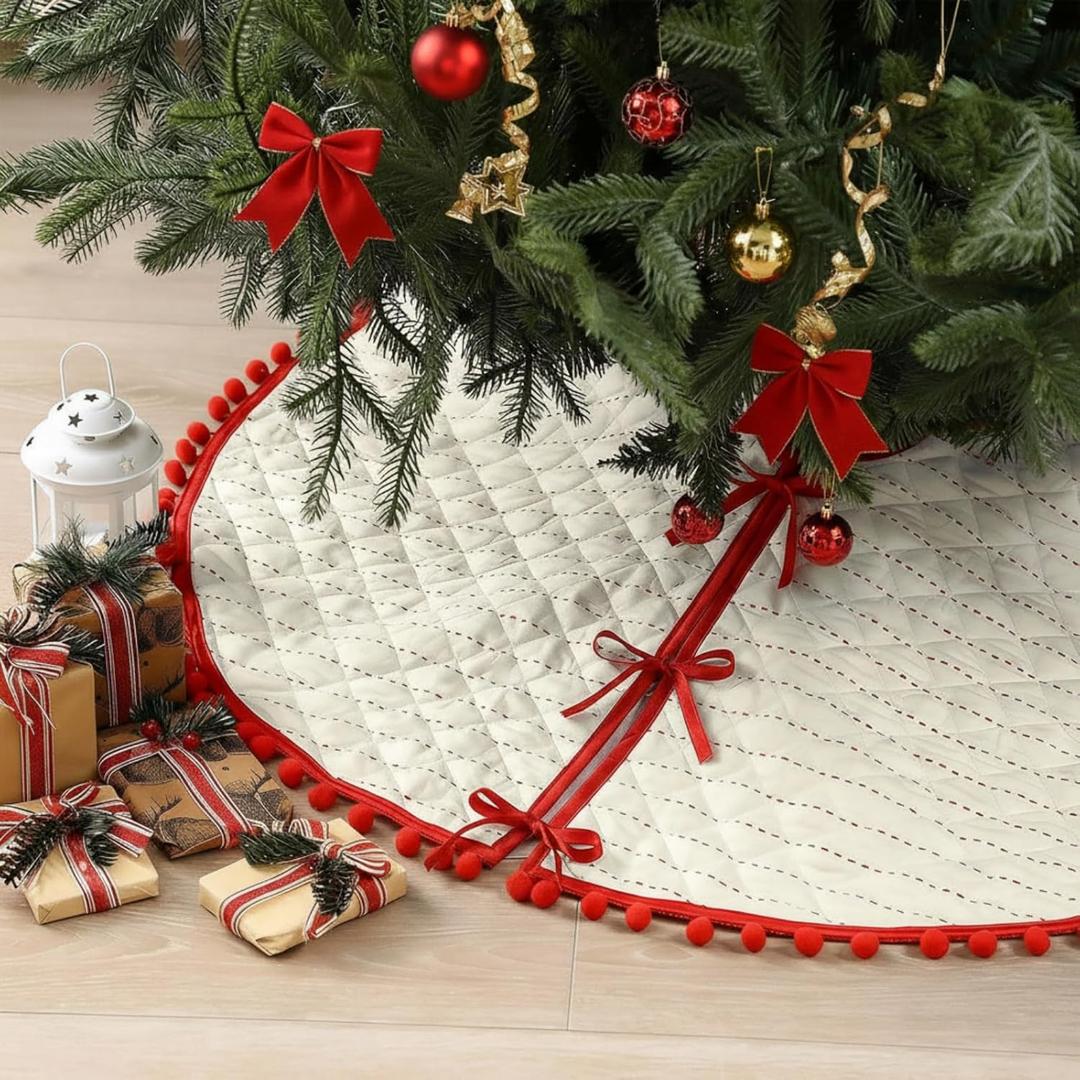 Sumind 36 Inch Christmas Tree Skirt Red and White Stripes Xmas Tree Skirt Reusable Quilted Indoor Ornaments for Winter Home Decorations Holiday Party Supplies