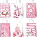 Justforjoyful 12Pcs Pink Christmas Party Favor Bags Pink Santa Claus Treat Bags Xmas Snowman Goody Bags Merry Christmas Paper Gift Bag with Handle Decorations for Winter Holiday Party Supplies