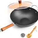 WANGYUANJI 12.6 Inch Carbon Steel Wok with Lid, Flat Bottom Wok Pan for Induction, Electric and Gas Stoves, Uncoated Chinese Stir Fry Pan with Wooden Handle