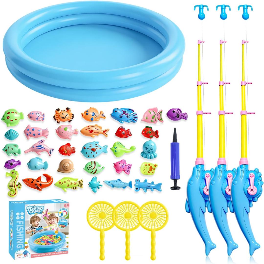 Magnetic Fishing Pool Toys Game for Kids 3-5 Fishing Water Table Bathtub Toy with Colorful Inflatable Pool Pole Rod Net Plastic Floating Fish Toys for Kids Age 3 4 5 6 7 8 Year Old