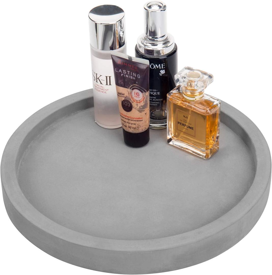MyGift 11-inch Modern Gray Concrete Round Bathroom Vanity Tray, Cologne and Perfume Tray for Dresser Top