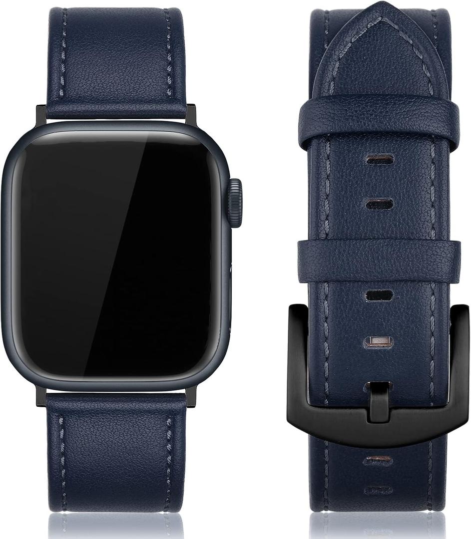 EDIMENS Leather Bands Compatible with Apple Watch 46mm 45mm 44mm 42mm(Series 1 2 3) Band Men Women, Vintage Genuine Leather Wristband Replacement Band Compatible for Apple Watch iwatch Series 10 9 8 7 6 5 4 SE2 SE (Midnight Blue)