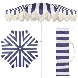 JONATHAN Y Mariner 6.5 ft. Striped Fringe Beach Umbrella, Navy/White, 78 inches diameter, 84 inches height