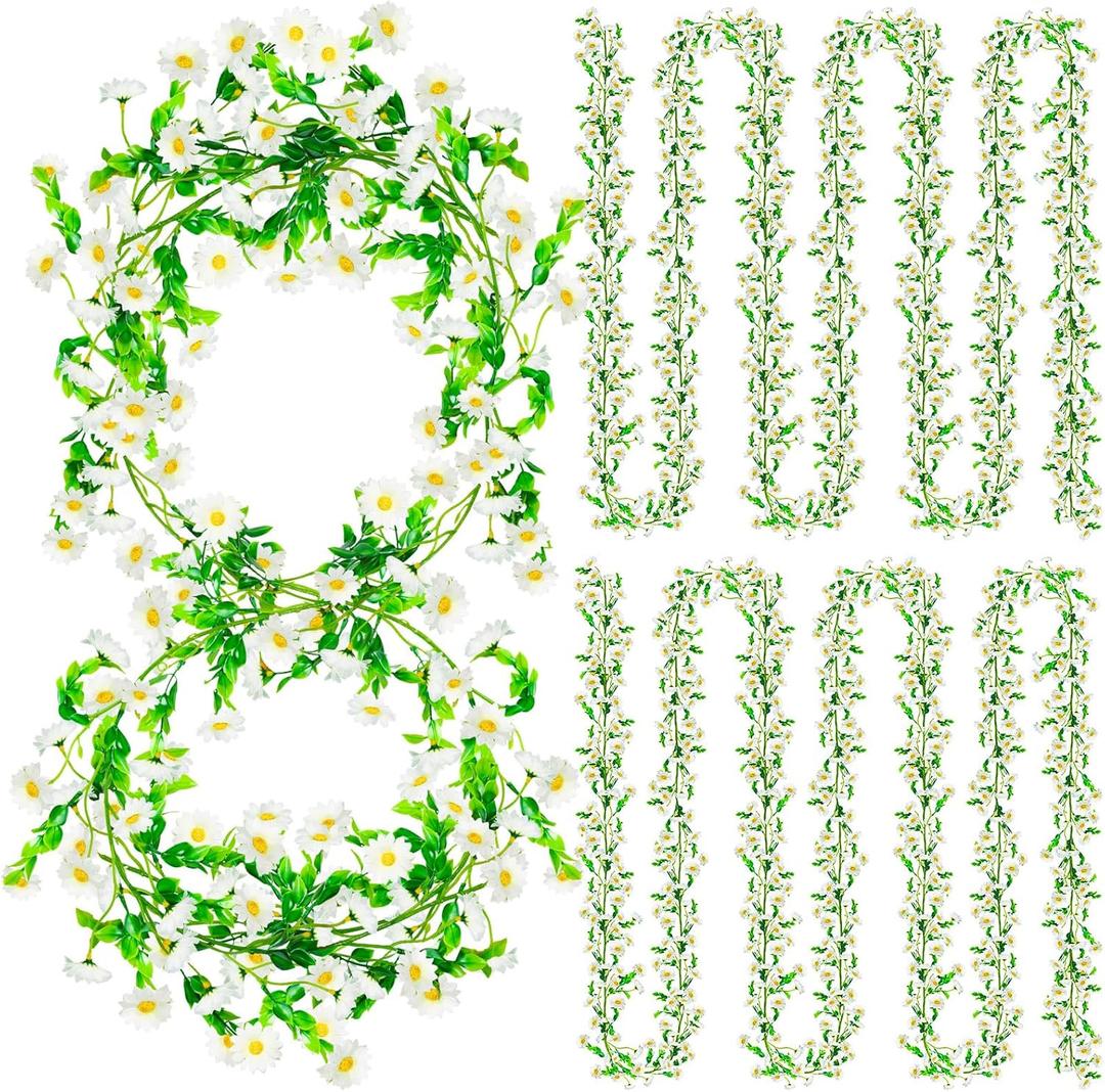 8 Pack Artificial Daisy Flowers Vine, 54.8 Ft Silky Artificial Garland with White Daisy and Vine Floral Garlands Decoration for Room Wall, Flower Themed Party, Wedding Supplies