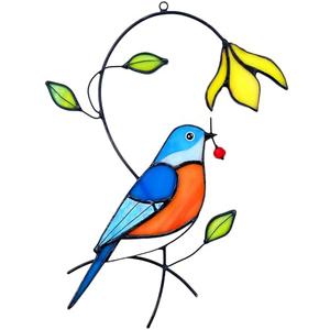 AuroAura Bluebird Flower Stained Glass Window Hanging for Women, Mom, Grandma - Handmade Real Glass Bird Suncatcher - Elegant Gifts Box Home Decor (H7.7xW5.3 inch)