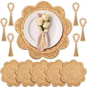 6 Set 13.8" Round Woven Rattan Placemats Plate Chargers with Wooden Beads Napkin Rings, Scalloped Edge Rattan Place Mats, Boho Farmhouse Braided Straw Table Mats for Dining Table Decor, Party