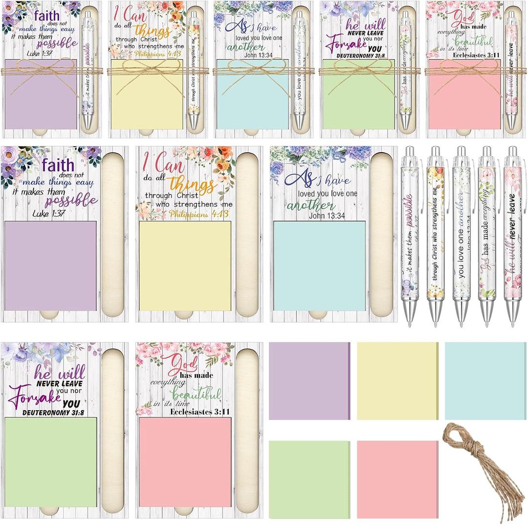 50 Set Christian Bulk Gifts for Women Wooden Sticky Note Holder Set with 50 Bible Verse Ballpoint Pens 50 Sticky Notepads 20m Ropes Floral Religious Bible Scripture Gifts for Mother's Day