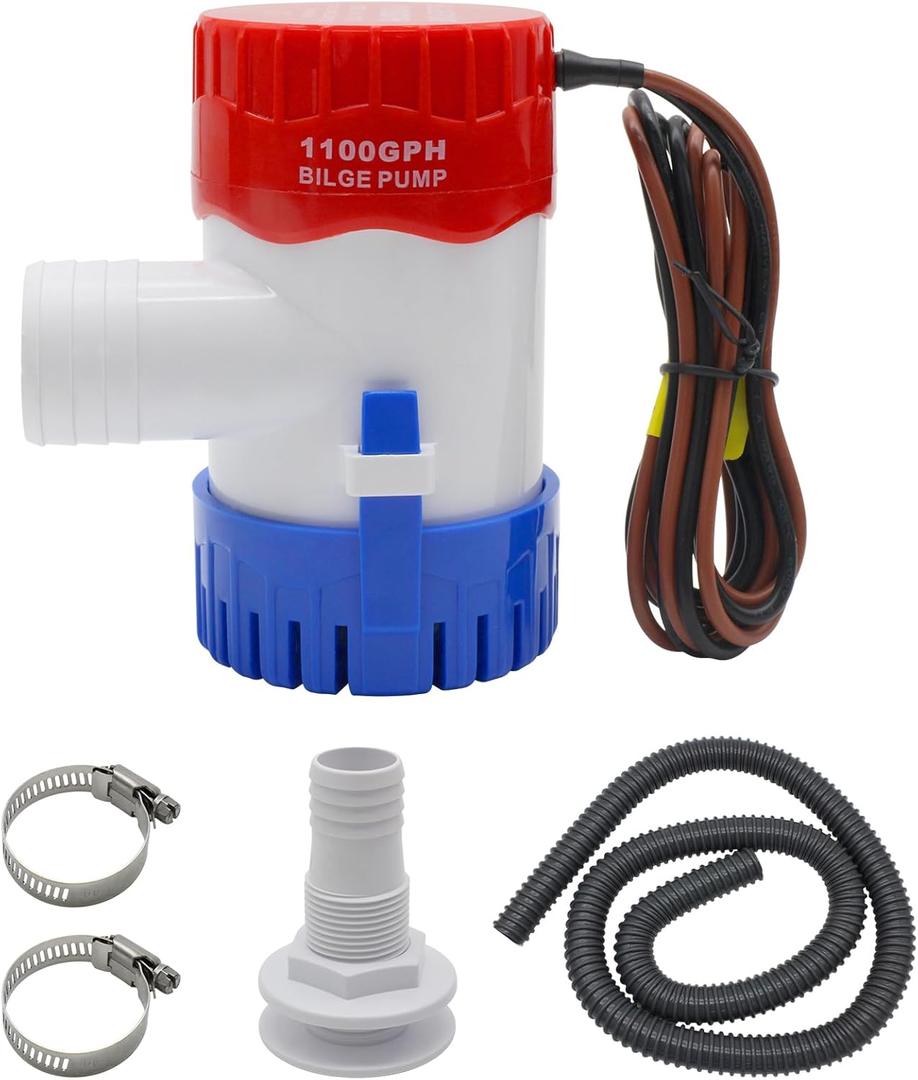 HXH 1100GPH bilge pump kit for boats 12V, Thru-Hull Fitting, 2Pcs Stainless Steel Hose Clamps,1-1/8 Inch Dia Gray Kink-free Flexible PVC Hose, Well Boat Bilge Pump Kit for Speedboats, Yacht Bilge Kit